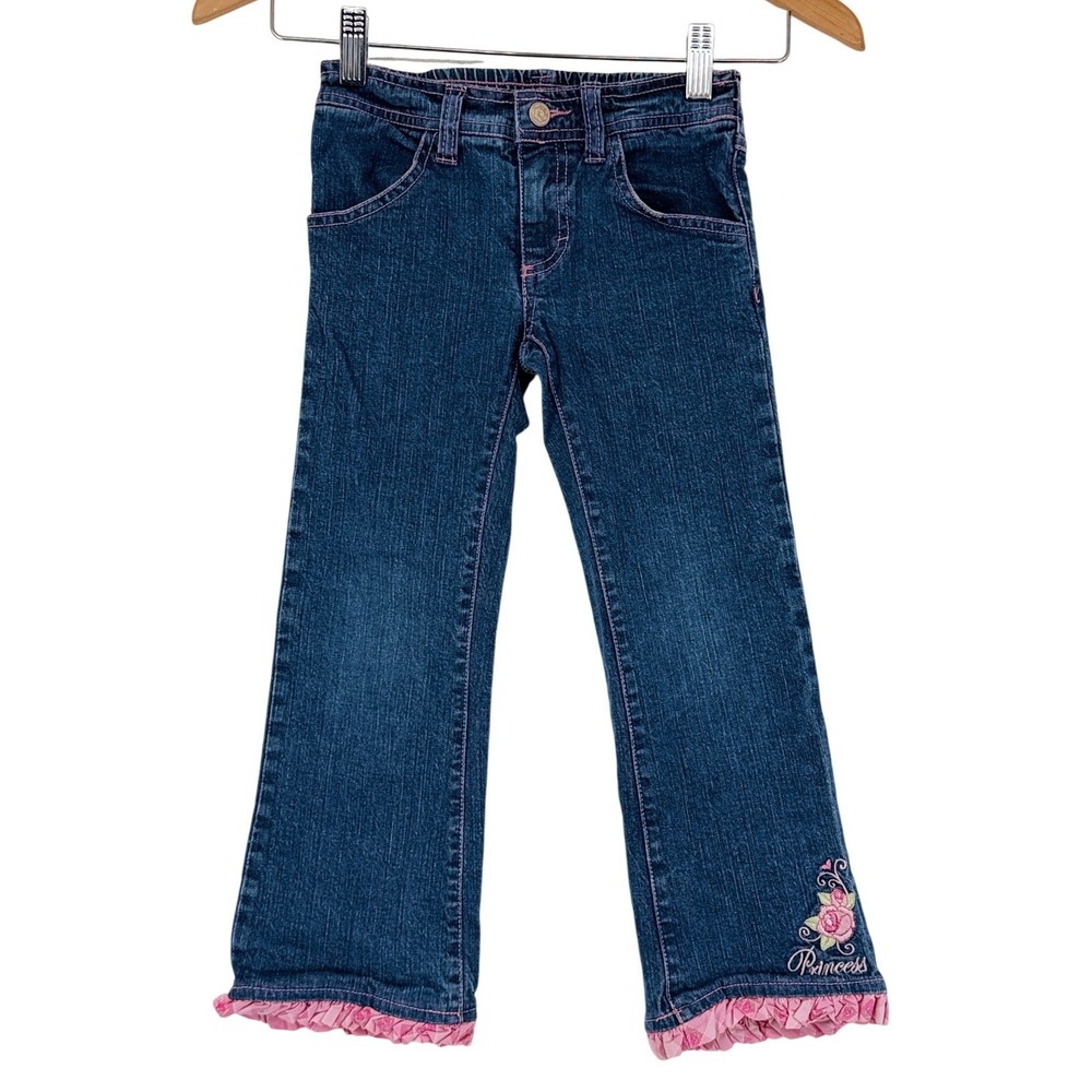 Disney Princess Girls Size 4 Dark Wash Jeans Pink Ruffle Floral Embroidery